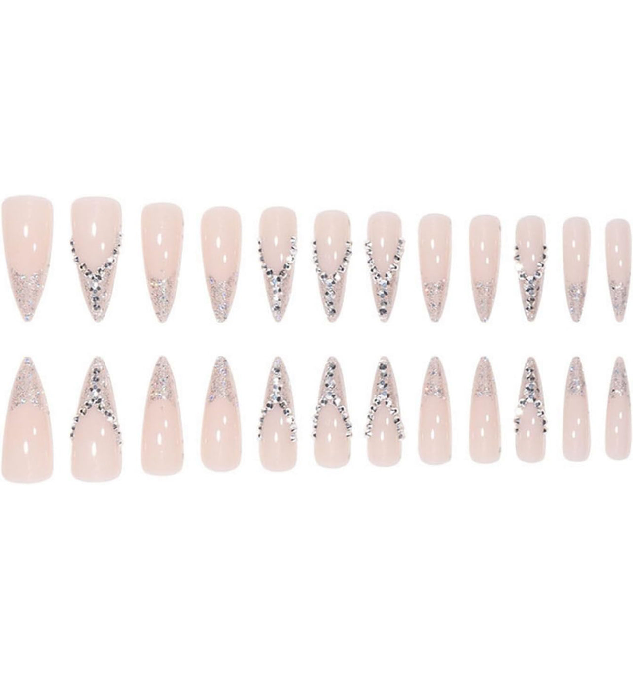 Stiletto Silver Glitter PressOn Long Fancy Fake Nails French Tips-Free Shipping