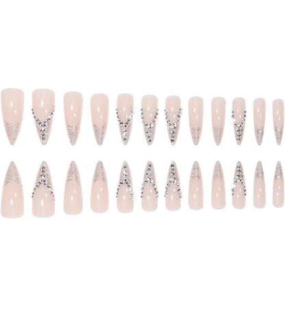 Stiletto Silver Glitter PressOn Long Fancy Fake Nails French Tips-Free Shipping