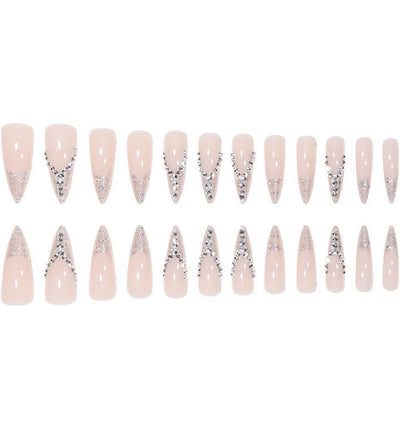 Stiletto Silver Glitter PressOn Long Fancy Fake Nails French Tips-Free Shipping