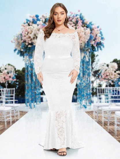 Elegant Plus Size White Off-Shoulder Lace Mermaid Dress - Free Shipping