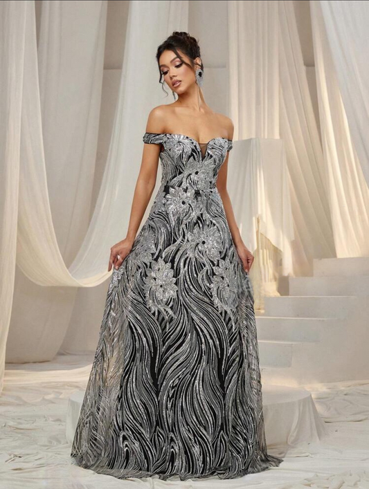 Stunning Silver Off-Shoulder Sweetheart Sequin A-Line Long Dress-Free Shipping