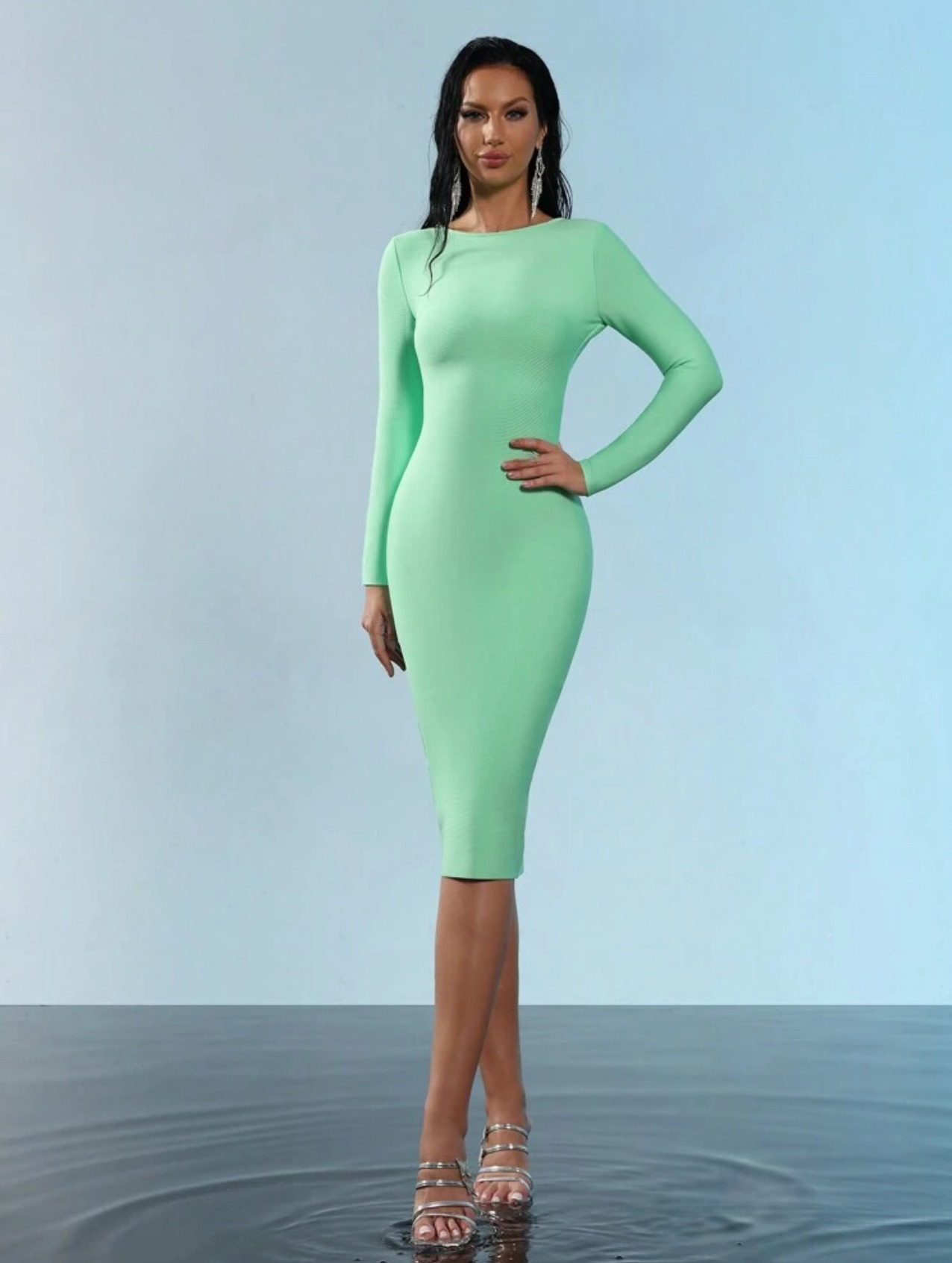 Classic Sexy Long Sleeve Back Zipper Bodycon Bandage Midi Dress - Free Shipping