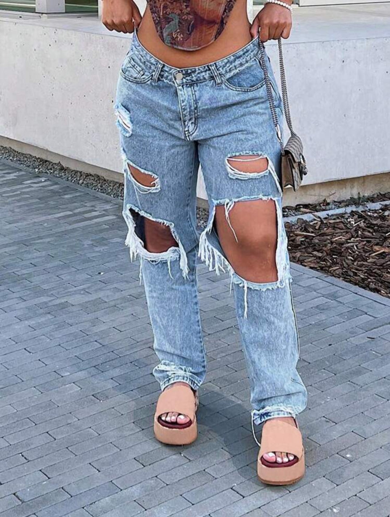 Fashionable Women’s Ripped Straight Leg Jeans - Distressed Denim Pants-Free Shipping