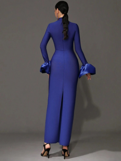 Elegant Blue Mermaid Bodycon Bell Sleeves Stand Collar Long Dress - Free Shipping