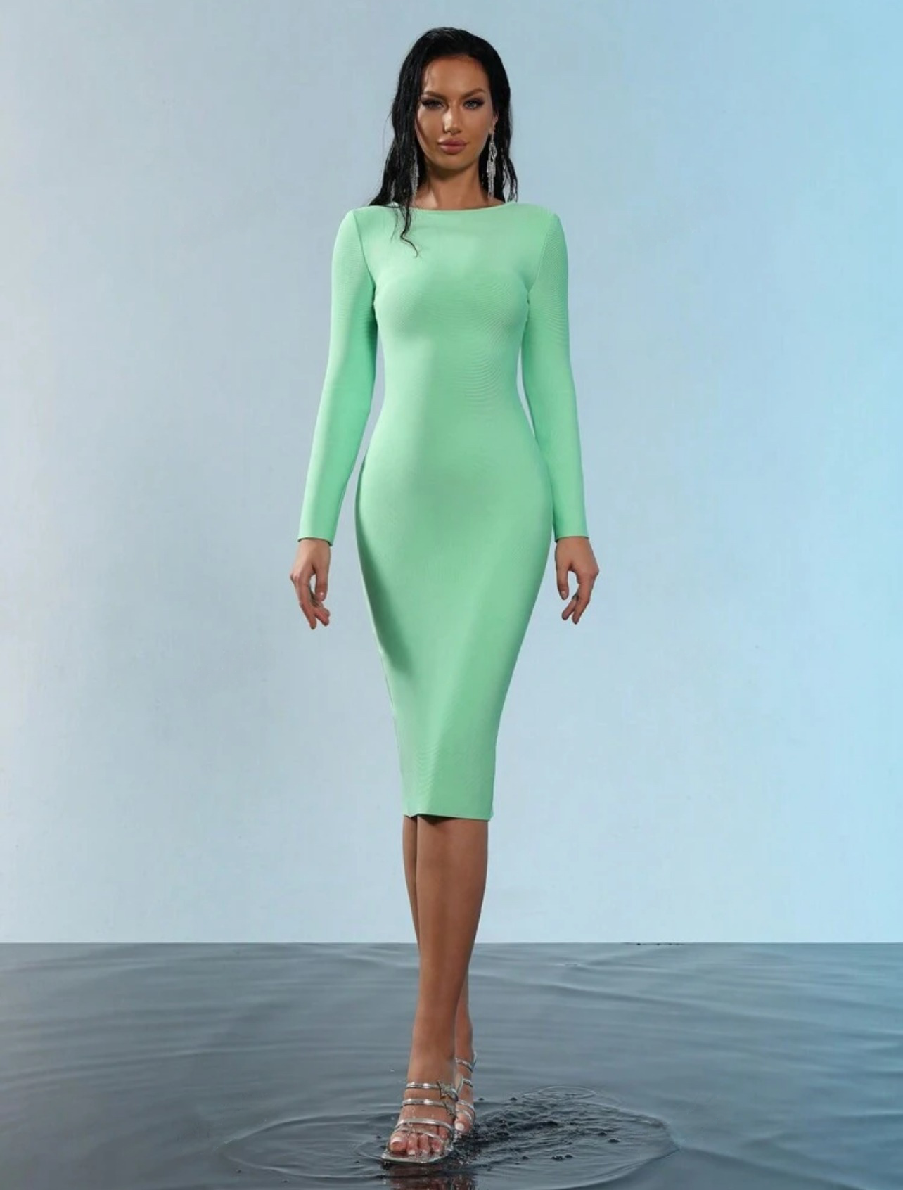 Classic Sexy Long Sleeve Back Zipper Bodycon Bandage Midi Dress - Free Shipping