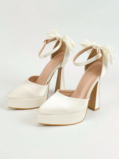 Elegant Women's White Platform Ankle Strap High Heel Bow Detail-Free shipping