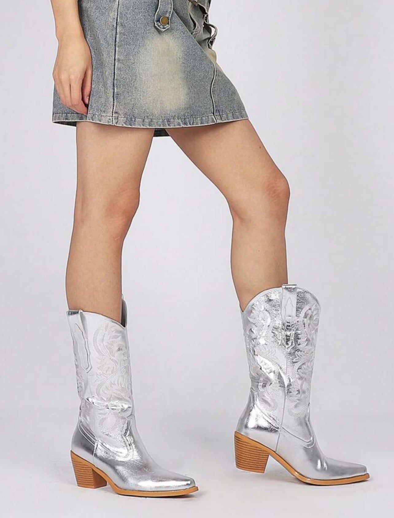 Women’s Metallic Embroidered Cowgirl Boots – Mid Calf Western Chunky Heel Pointed Toe Pull On-Free Shipping