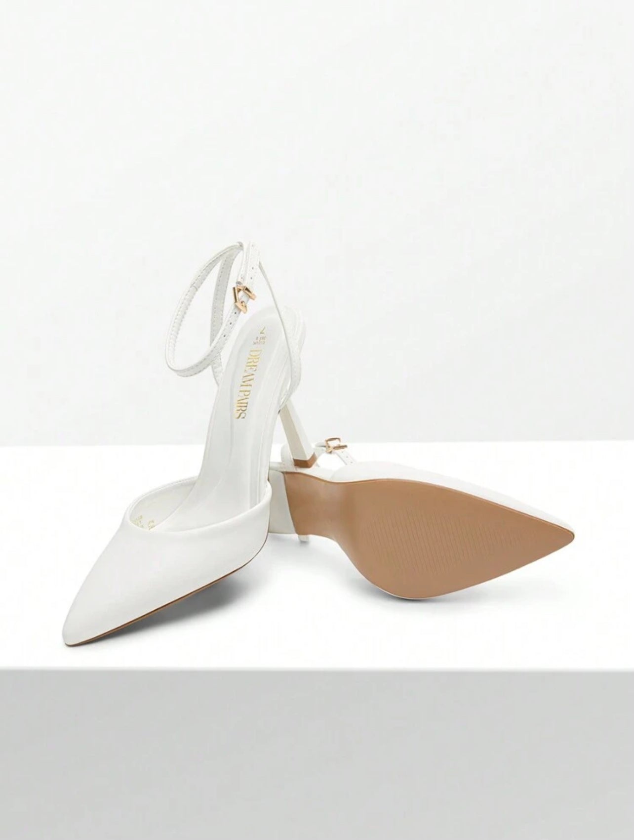 Elegant White Ankle Strap Stiletto Pointed Heel Pumps-Free Shipping