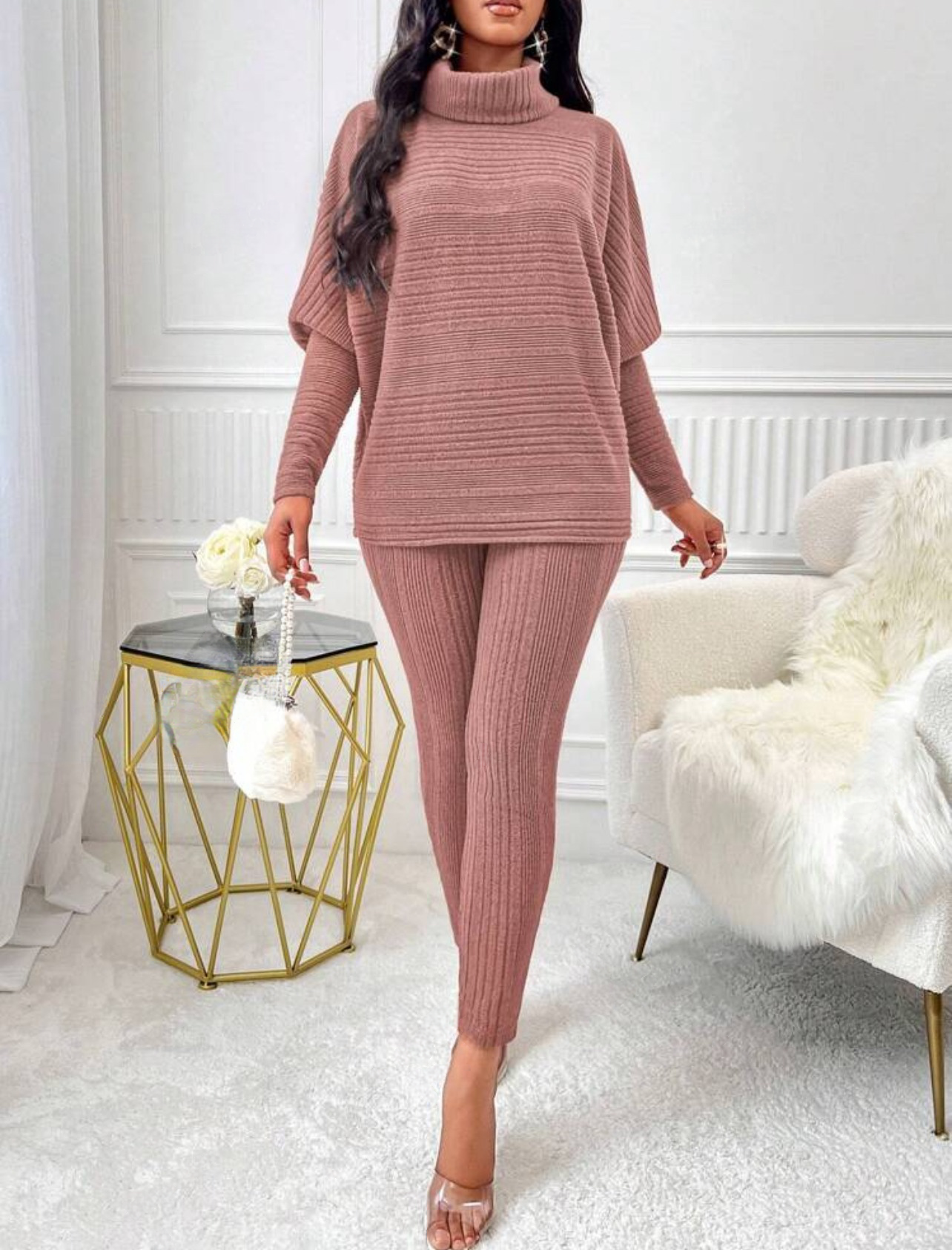 Chic 2-Piece Light Gray Solid Ribbed Turtleneck Batwing Sweater & Leggings Set - Free Shipping