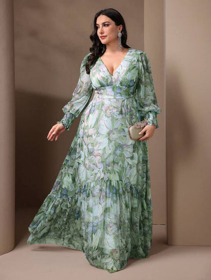 Elegant Floral Plus Size Maxi Dress - Deep V-Neck Lantern Sleeve Ruffle Hem-Free Shipping