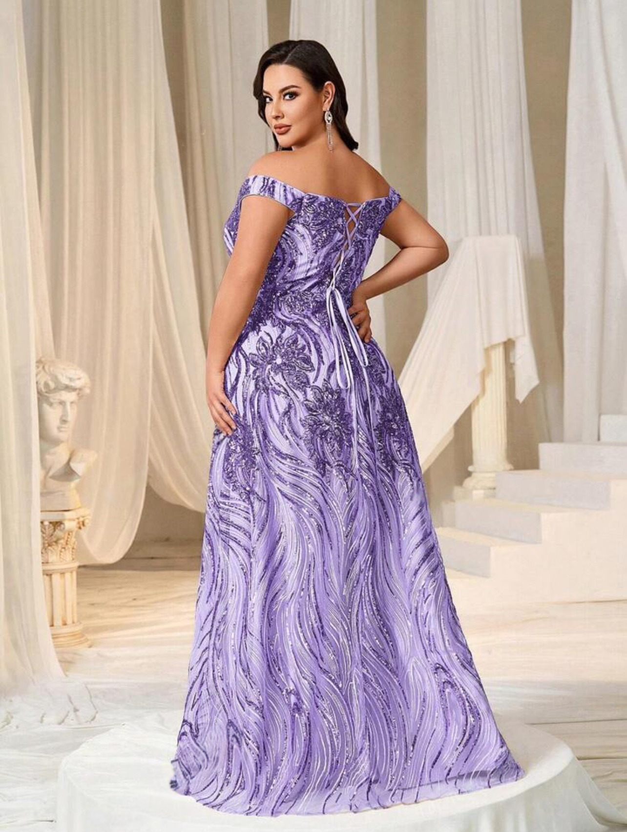 Glamorous Plus Size Mauve Off-Shoulder Sweetheart Sequin Long Maxi Dress-Free Shipping