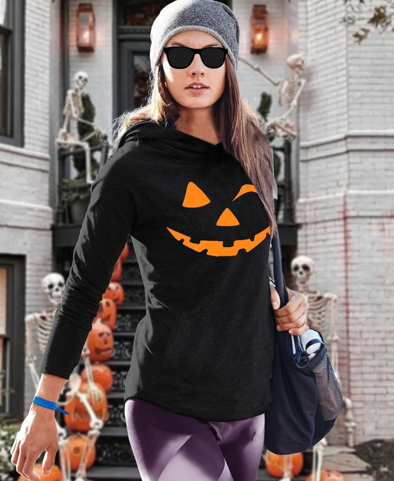 Pumpkin Vibes: Women's Halloween Print Hooded Long Sleeve Sweatshirt-Free Shipping