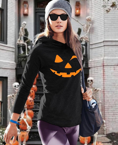 Pumpkin Vibes: Women's Halloween Print Hooded Long Sleeve Sweatshirt-Free Shipping