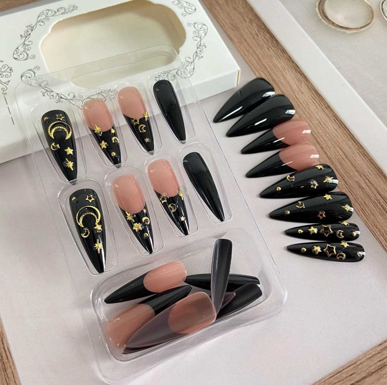 Stiletto Black Moon Stars Press On Long Fancy Fake Nails French Tips-Free Shipping