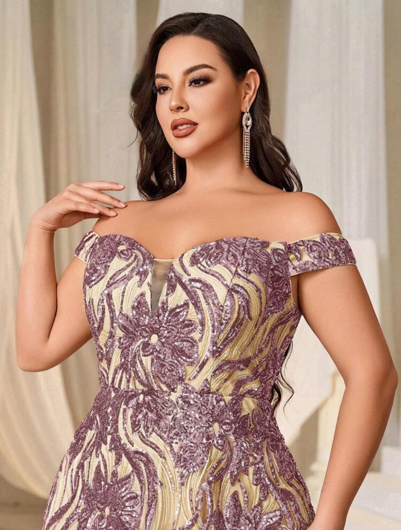 Glamorous Plus Size Mauve Off-Shoulder Sweetheart Sequin Long Maxi Dress-Free Shipping