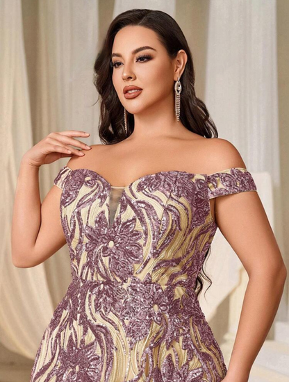 Glamorous Plus Size Mauve Off-Shoulder Sweetheart Sequin Long Maxi Dress-Free Shipping