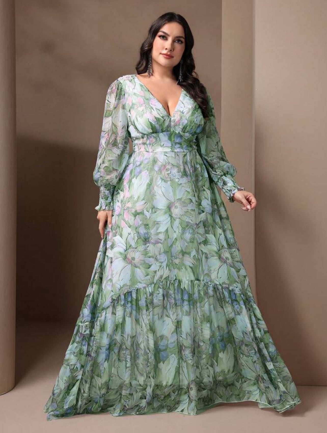 Elegant Floral Plus Size Maxi Dress - Deep V-Neck Lantern Sleeve Ruffle Hem-Free Shipping