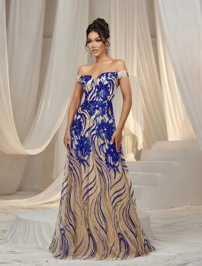 Stunning Royal Blue Off-Shoulder Sweetheart Sequin A-Line Long Dress-Free Shipping