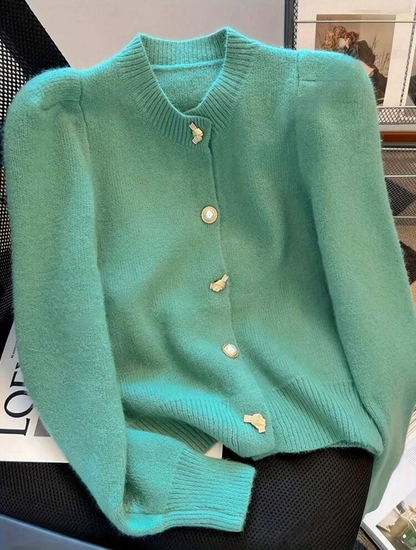 Sophisticated Blue Knit Cardigan Warm Stylish Unique Buttons-Free Shipping