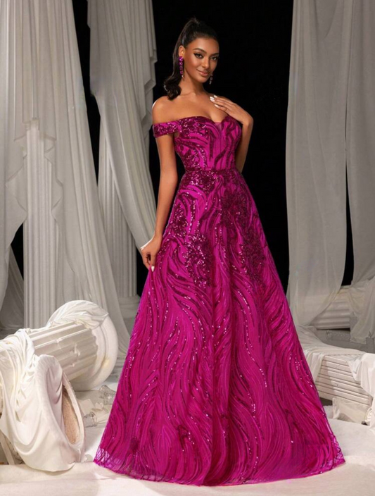 Stunning Dark Pink Off-Shoulder Sweetheart Sequin A-Line Long Dress-Free Shipping