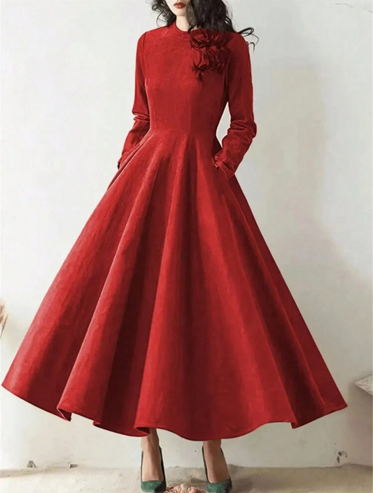 Stylish Red Corduroy Long Sleeve Pocket Fit Flare Maxi Dress-Free Shipping