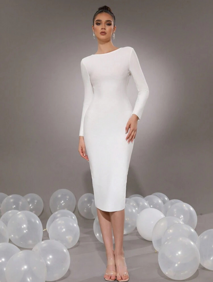 Classic Sexy Long Sleeve Back Zipper Bodycon Bandage Midi Dress - Free Shipping