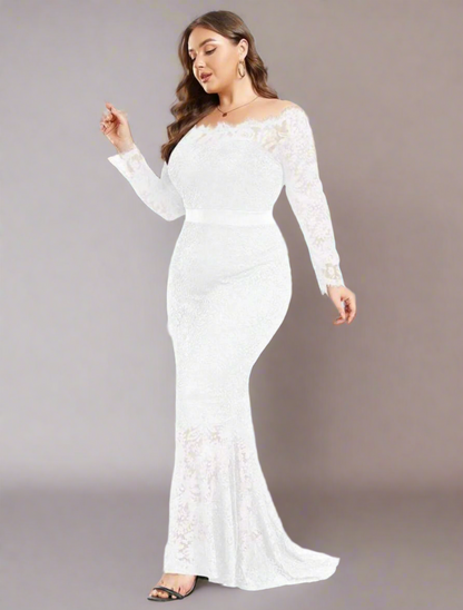 Elegant Plus Size White Off-Shoulder Lace Mermaid Dress - Free Shipping