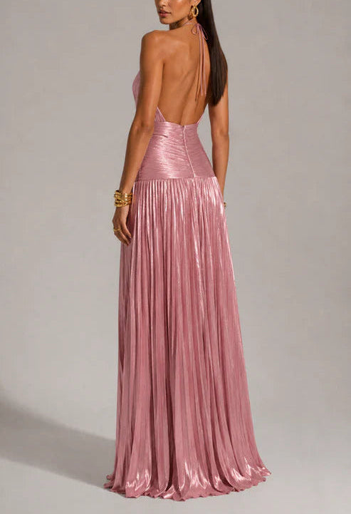 Stunning Metallic Pleated Halter Neck Open Back Side Slit A-Line Maxi Dress - Free Shipping