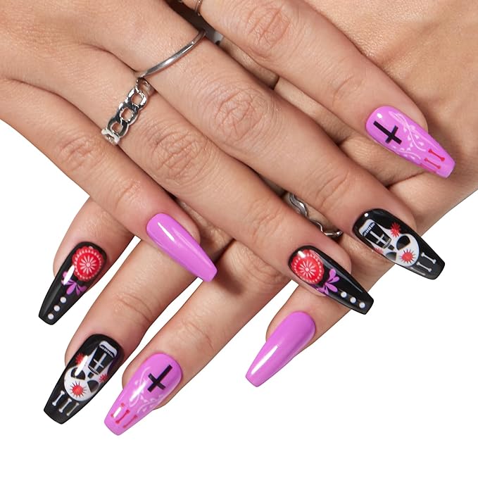 Halloween Colorful Nail Designs Press On Nails 24 Pieces  Set Easy Application-Free Shipping