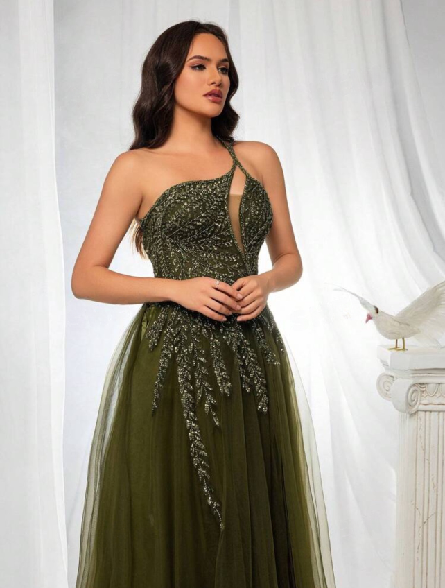 Elegant High Slit Sequin Maxi Dress One Shoulder Mesh Panel Gown-Free Shipping