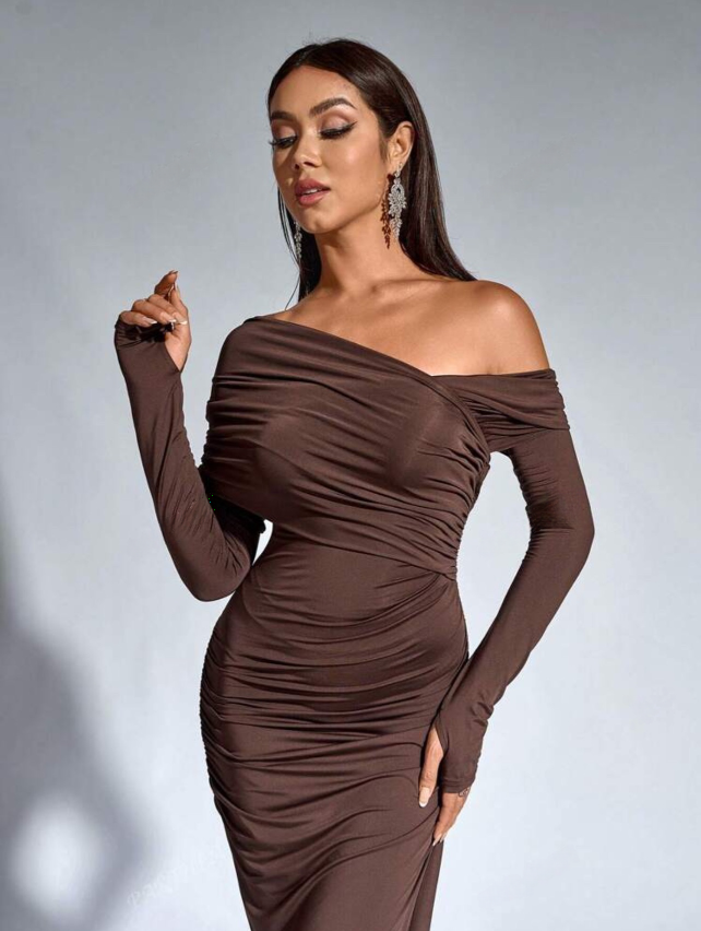 Elegant Versatile Ruched One-Shoulder Off-the-Shoulder Neckline Long Sleeve Dress – Free Shipping