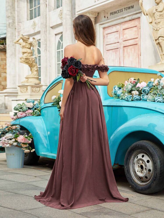 Beautiful Burgundy Ruffle Off-Shoulder Cinched Waist Ball Gown with High Slit-Free Shipping