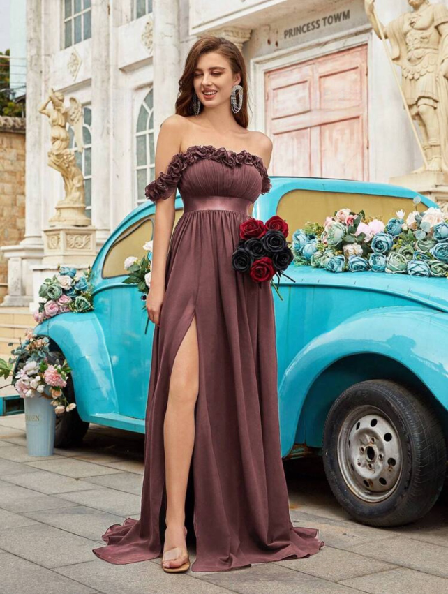 Beautiful Burgundy Ruffle Off-Shoulder Cinched Waist Ball Gown with High Slit-Free Shipping