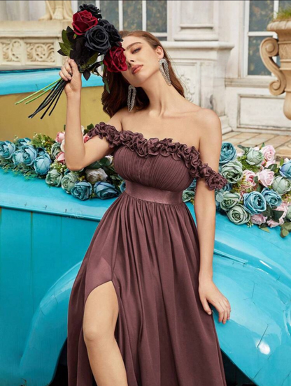 Beautiful Burgundy Ruffle Off-Shoulder Cinched Waist Ball Gown with High Slit-Free Shipping