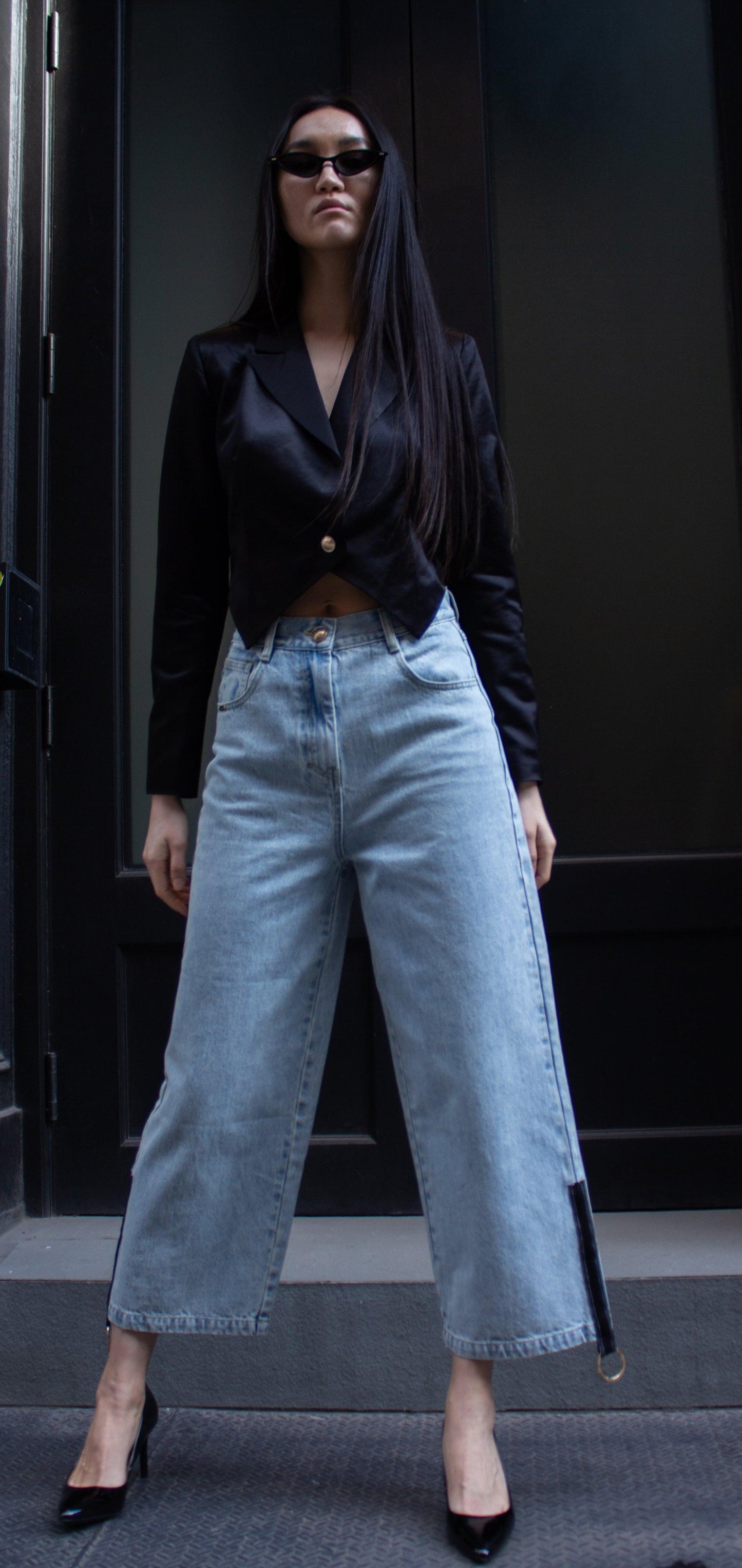 Trendy High-Waisted Straight Cut Side Detail Denim Jeans – Free Shipping