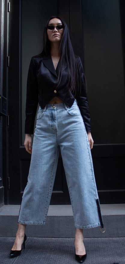 Trendy High-Waisted Straight Cut Side Detail Denim Jeans – Free Shipping