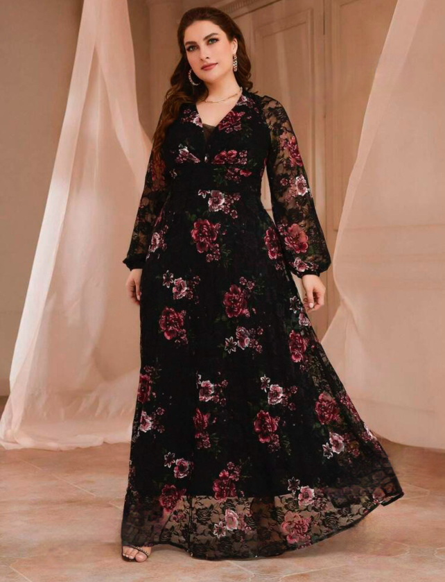 V-Neck Plus Size Lace Maxi Dress - Flowy A-Line-Free Shipping