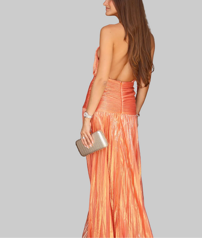 Stunning Metallic Pleated Halter Neck Open Back Side Slit A-Line Maxi Dress - Free Shipping