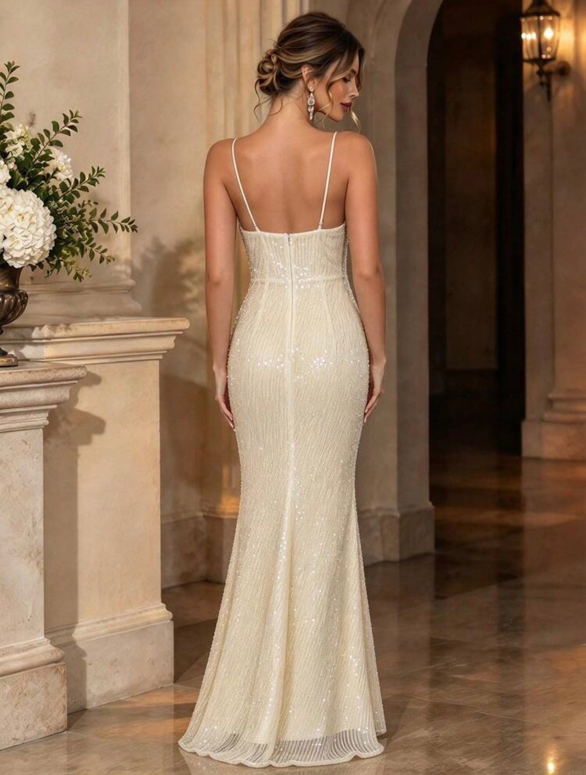 Elegant White Sequin Mermaid Gown With Spaghetti Strap And Contrast Lace - Free Shipping
