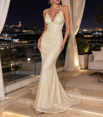 Elegant White Sequin Mermaid Gown With Spaghetti Strap And Contrast Lace - Free Shipping