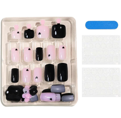 Stylish Black Pink Hearts Press-On Nail Set for Fingers and Toes, Shimmer and Glossy Finish-Free Shipping