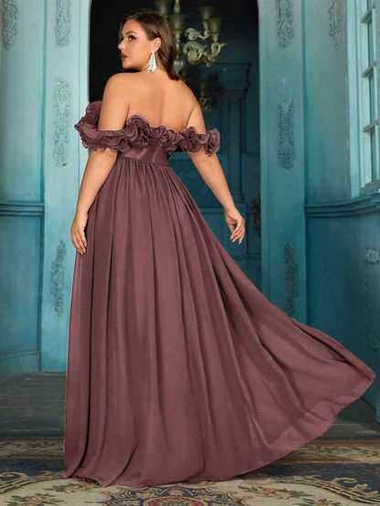 Beautiful Plus Size Deep Green Ruffle Off-Shoulder Cinched Waist Ball Gown with High Slit-Free Shipping