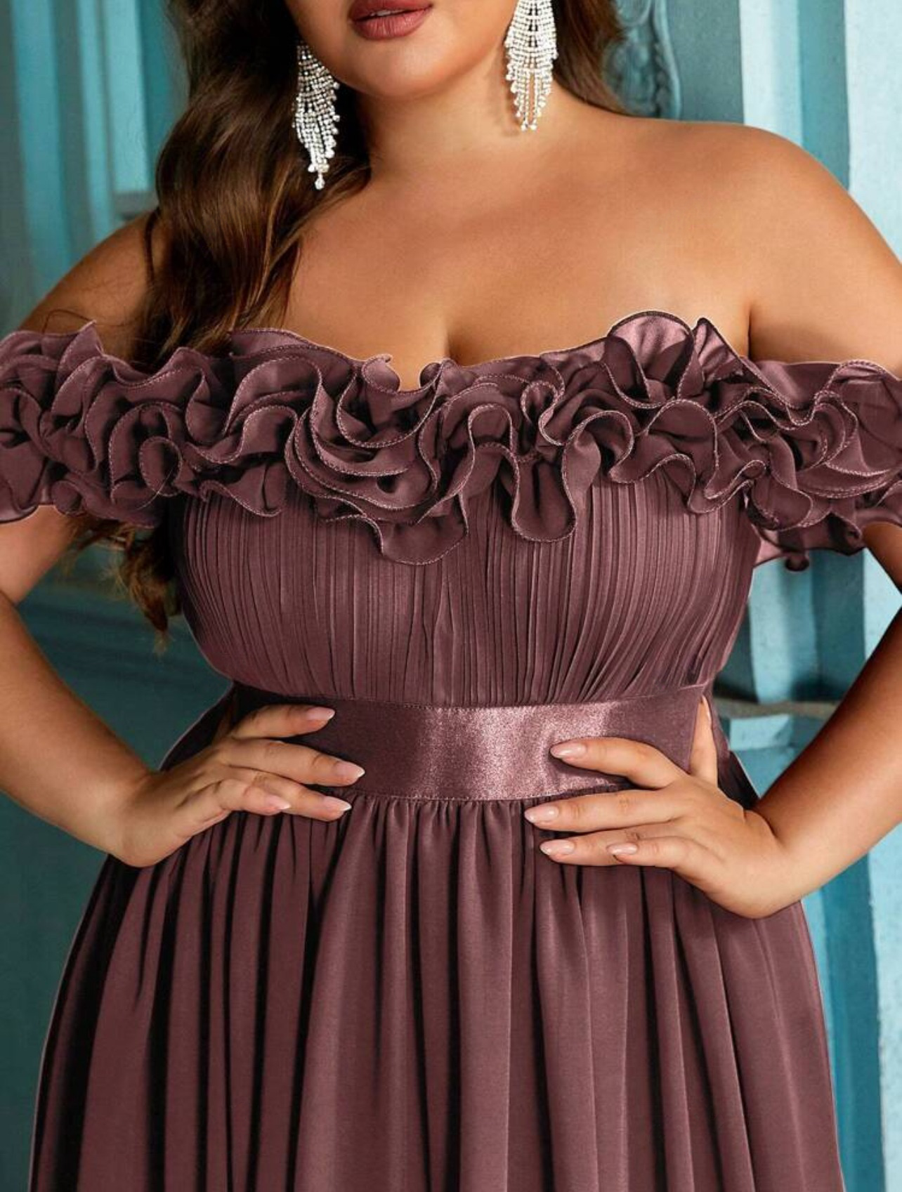 Beautiful Plus Size Deep Green Ruffle Off-Shoulder Cinched Waist Ball Gown with High Slit-Free Shipping