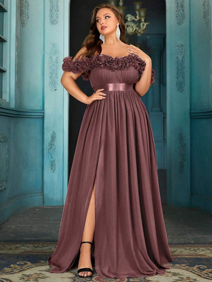 Beautiful Plus Size Deep Green Ruffle Off-Shoulder Cinched Waist Ball Gown with High Slit-Free Shipping