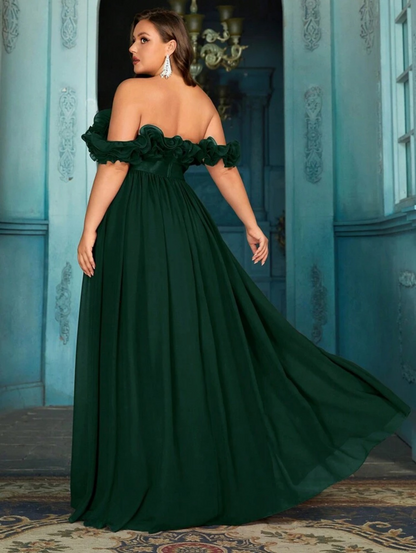 Beautiful Plus Size Deep Green Ruffle Off-Shoulder Cinched Waist Ball Gown with High Slit-Free Shipping