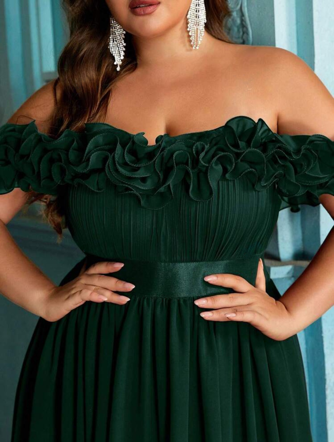 Beautiful Plus Size Deep Green Ruffle Off-Shoulder Cinched Waist Ball Gown with High Slit-Free Shipping