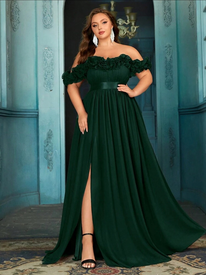 Beautiful Plus Size Deep Green Ruffle Off-Shoulder Cinched Waist Ball Gown with High Slit-Free Shipping