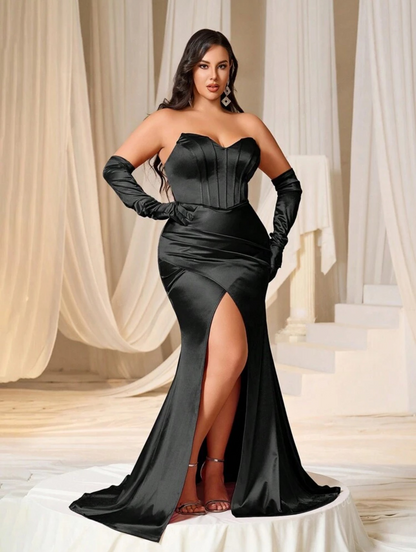 Glamorous Red Plus Size Satin Ruched Strapless  Long Maxi Dress with Gloves-Free Shipping