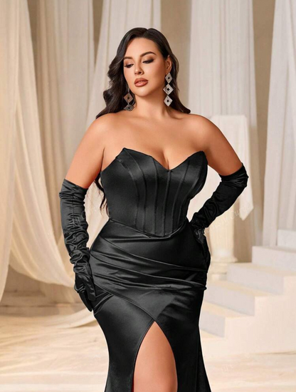 Glamorous Red Plus Size Satin Ruched Strapless  Long Maxi Dress with Gloves-Free Shipping