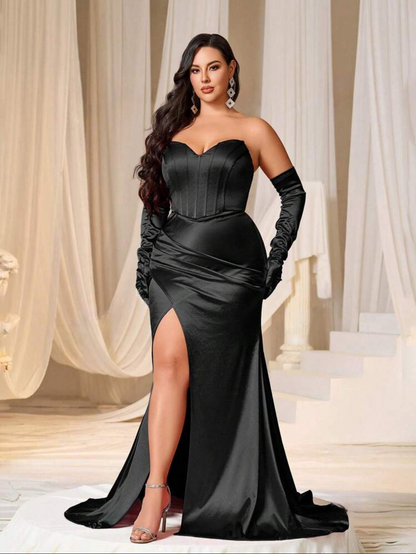 Glamorous Red Plus Size Satin Ruched Strapless  Long Maxi Dress with Gloves-Free Shipping